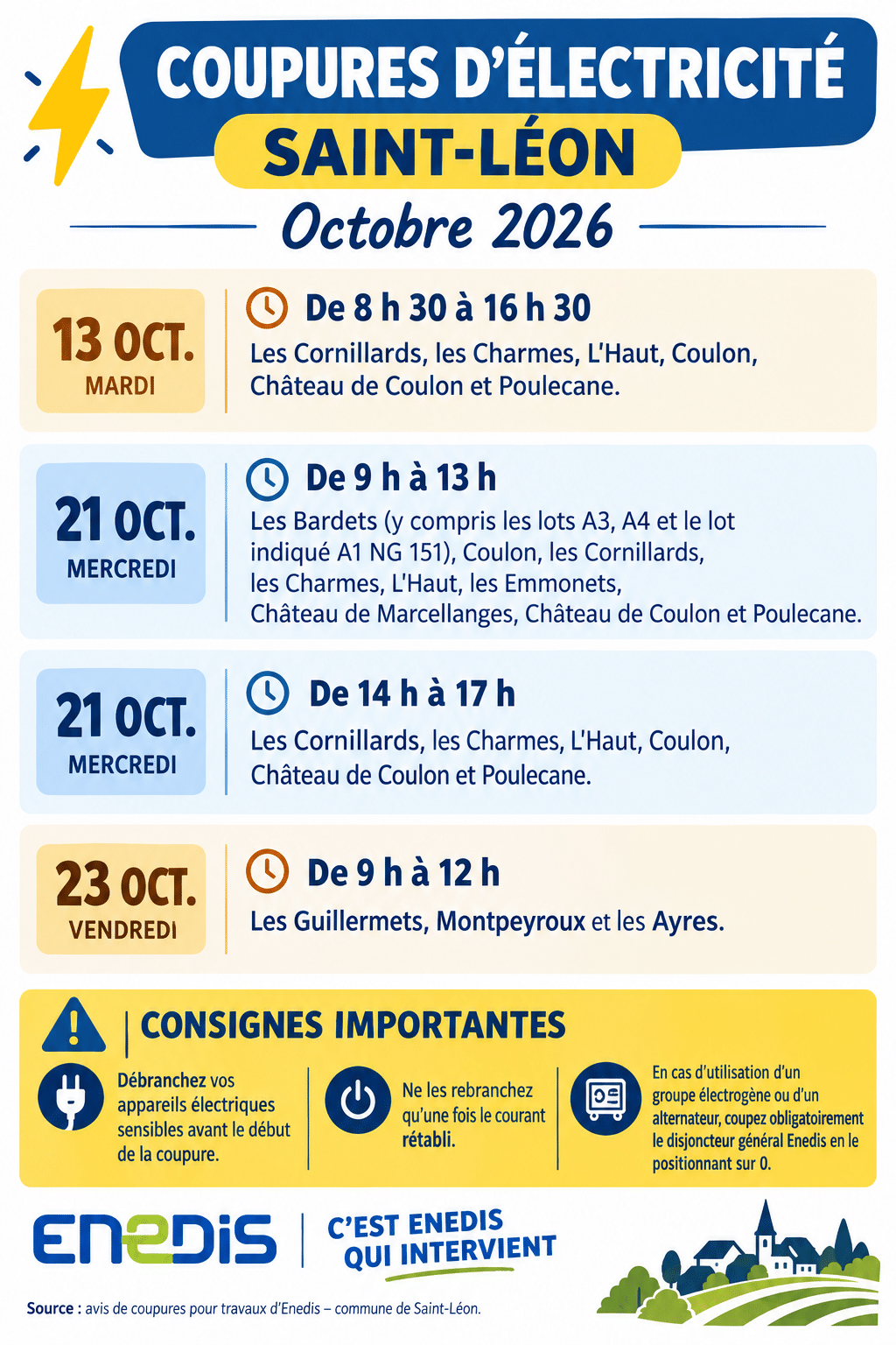 Affiche municipale des coupures électriques à Saint-Léon